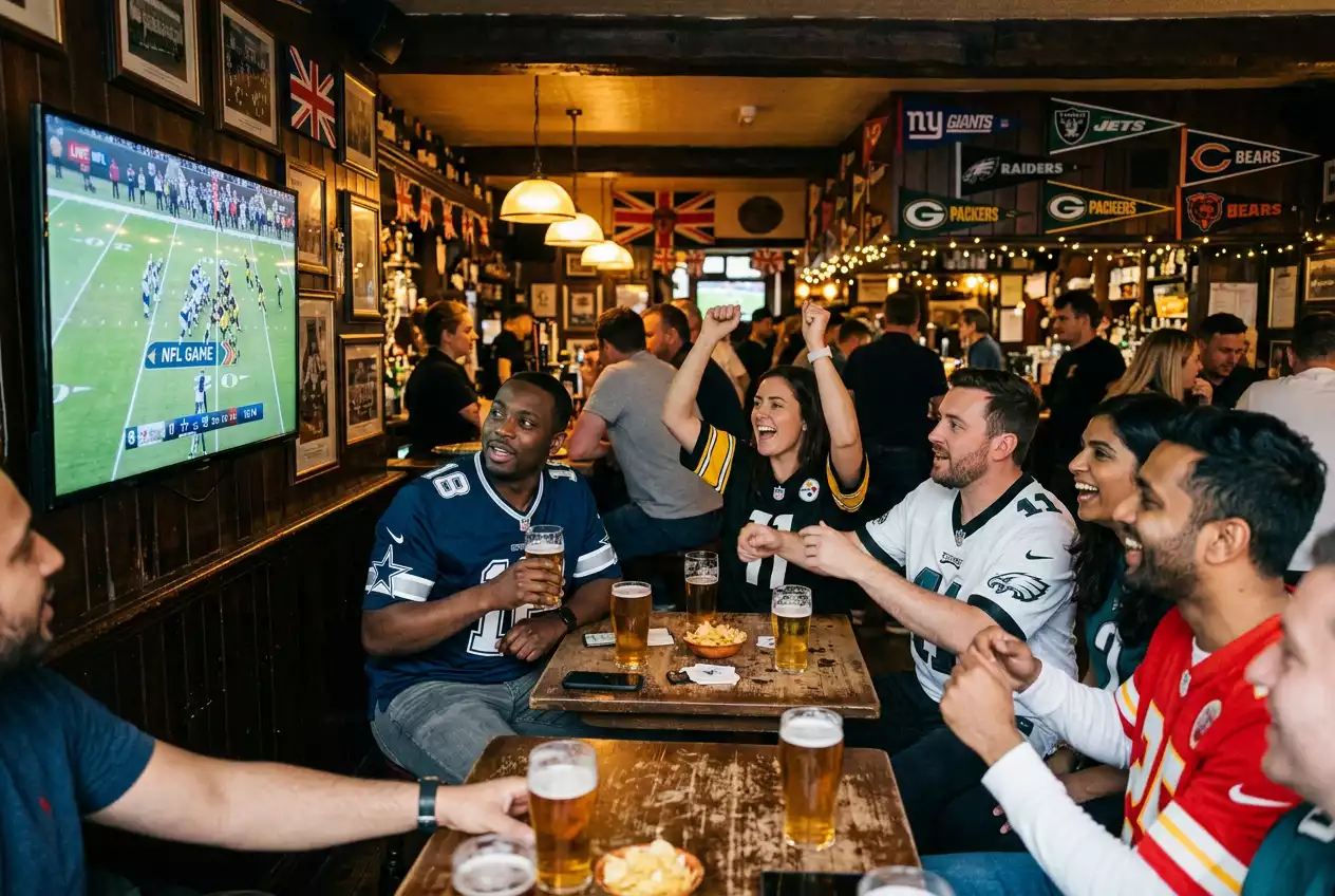 NFL fans watching a live game at a UK pub with American football on screen