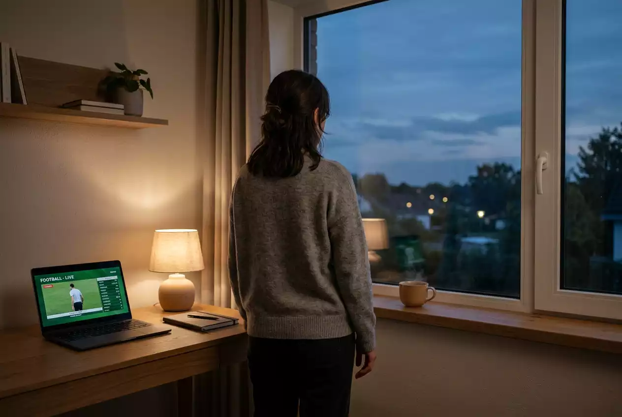 Person stepping away from a screen to take a mindful break during an NFL betting session